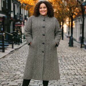Brylane Woman Classics Herringbone Long Coat Button Front Heavy Overcoat Winter